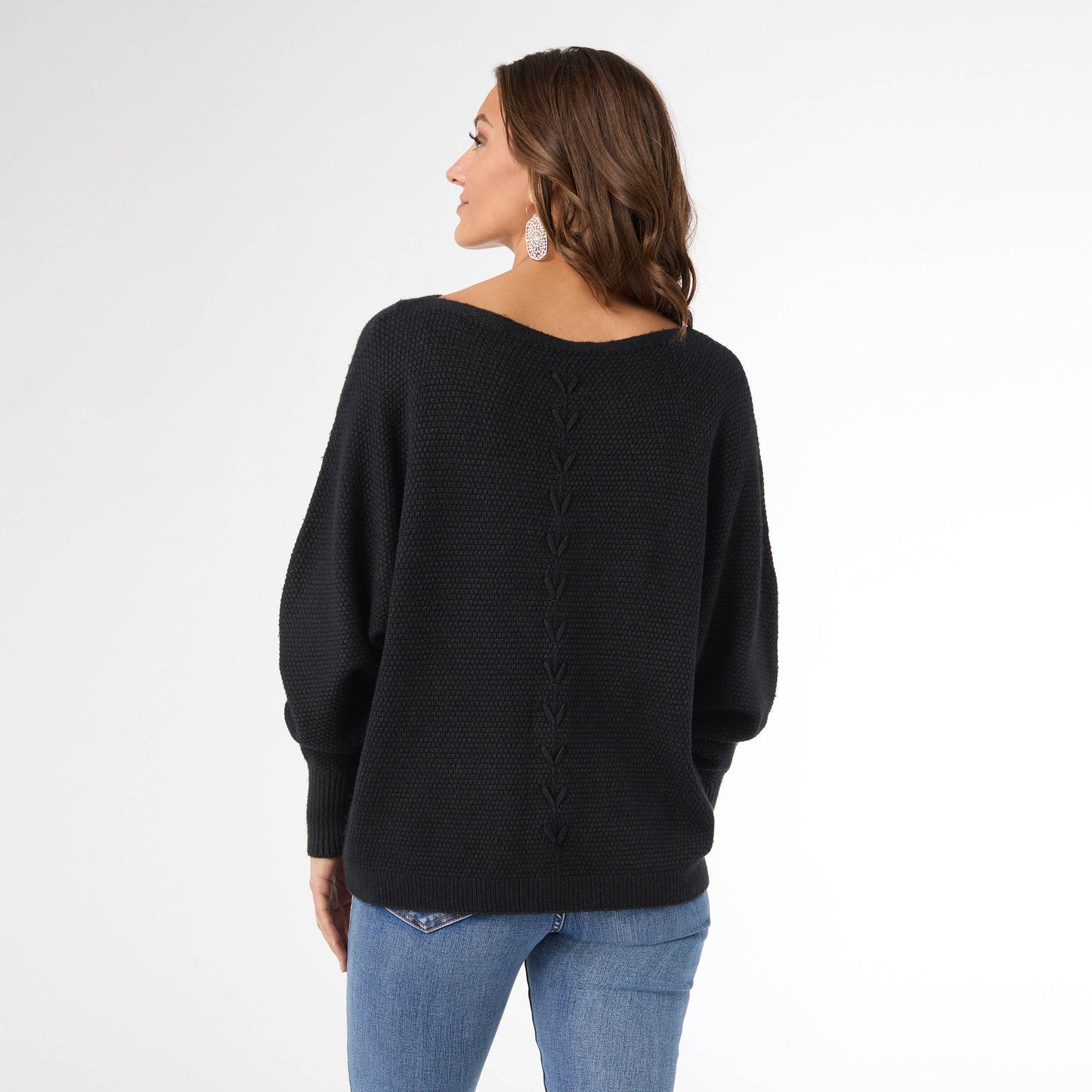 Relaxed Ciana Pullover Sweater with Lattice Back: Black Heather
