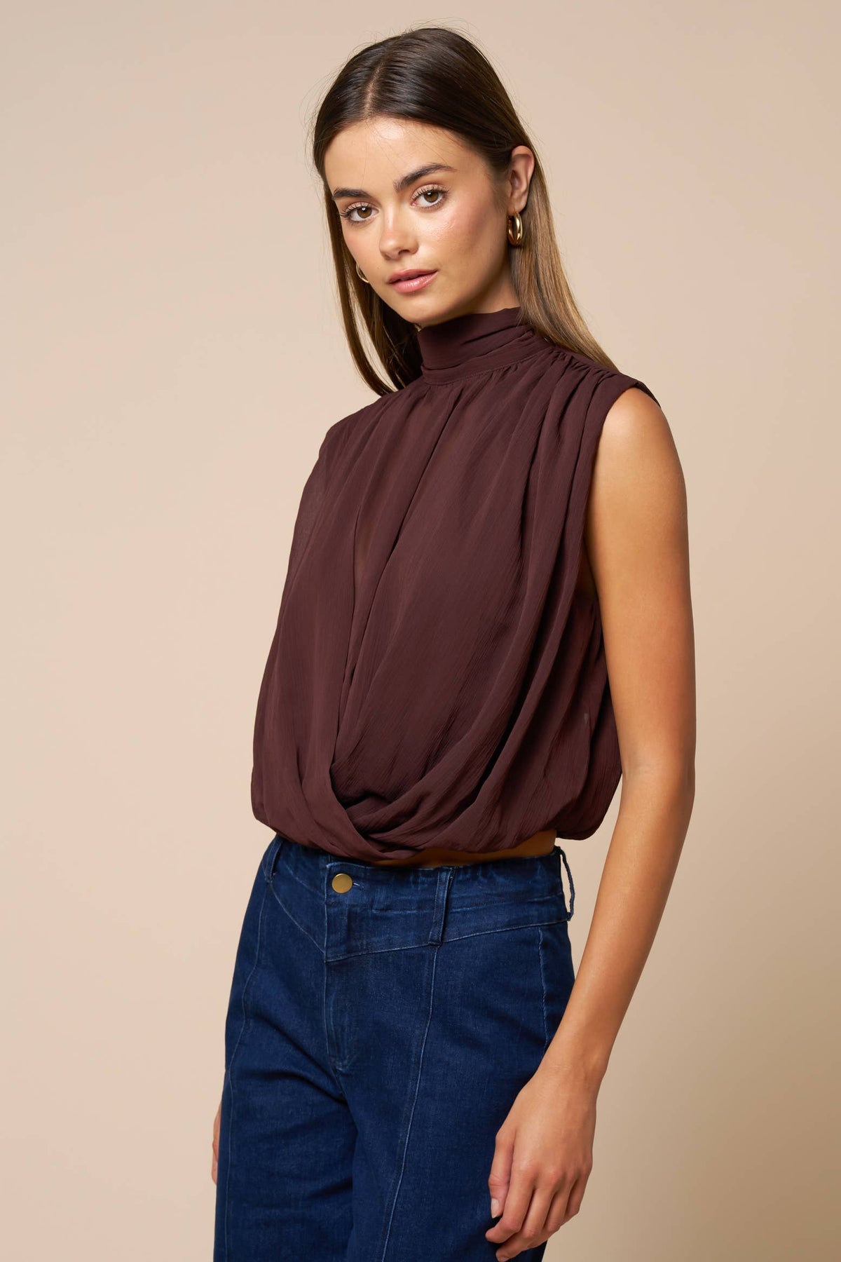 Draped Chiffon Mock Neck Sleeveless Top: DK CHOCOLATE