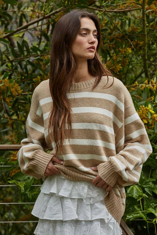 W1050 | Knit Oversized Striped Sweater Top: Mocha Ivory / Small