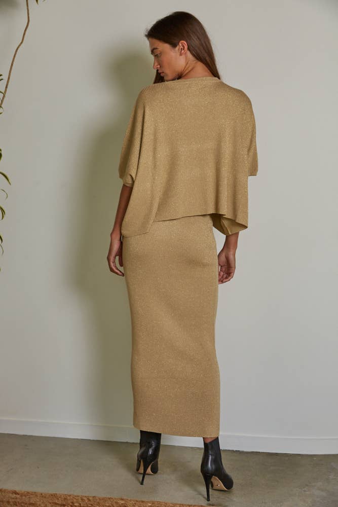 Knit Sweater Ribbed Short Sleeve Pullover Top: Gold