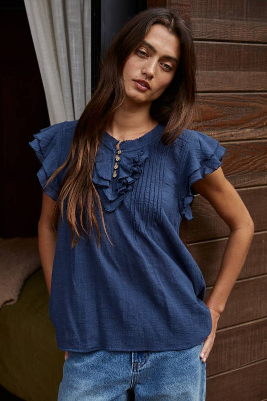 L6502 | Woven Cotton Linen Button V-Neck Short Sleeve Top: Navy