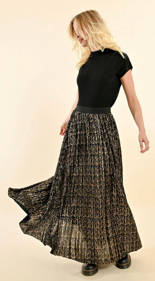 Long Pleated Skirt - Black/Gold