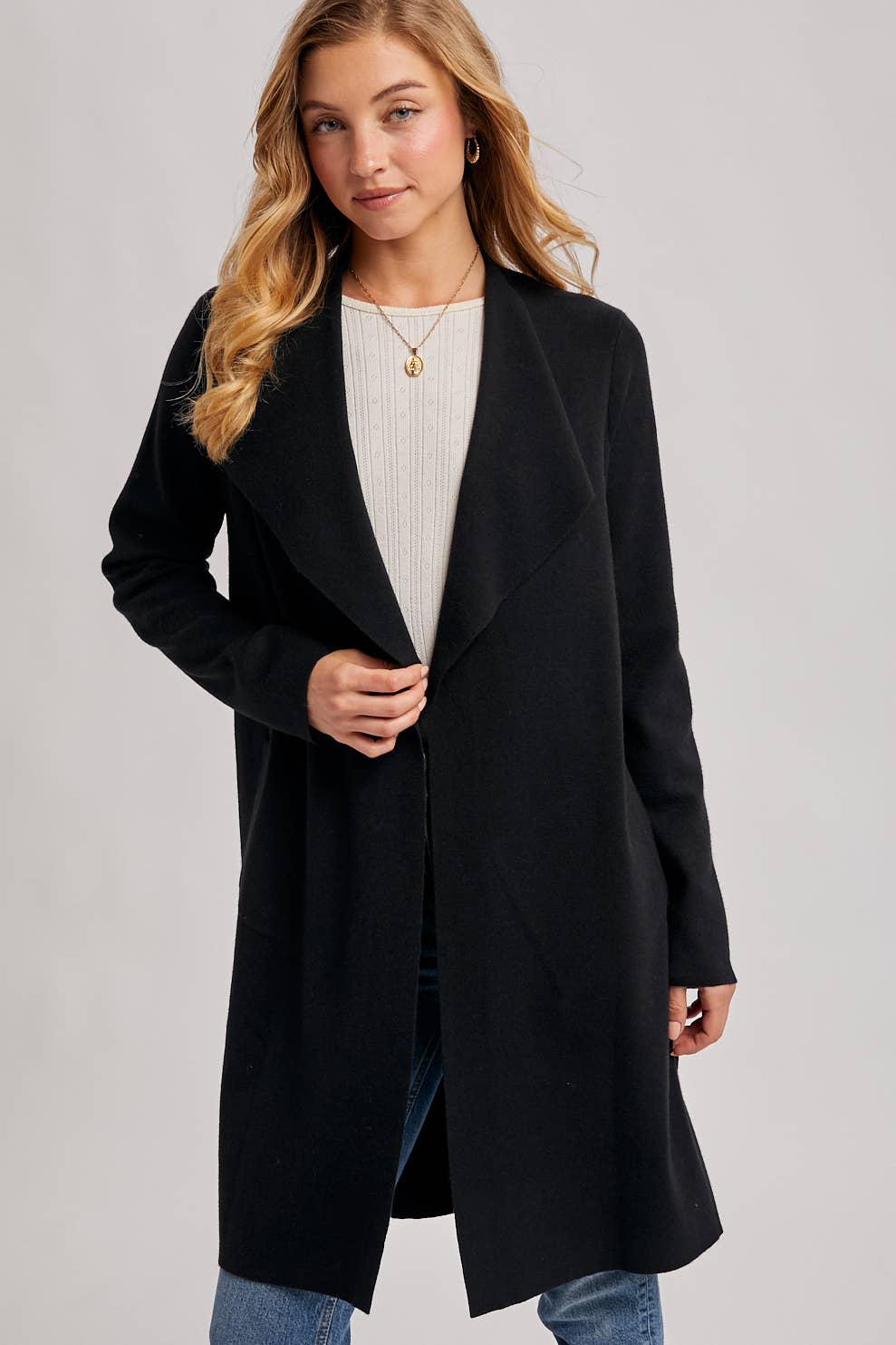 MODERN OPEN FRONT LONGLINE KNIT CARDIGAN: Black