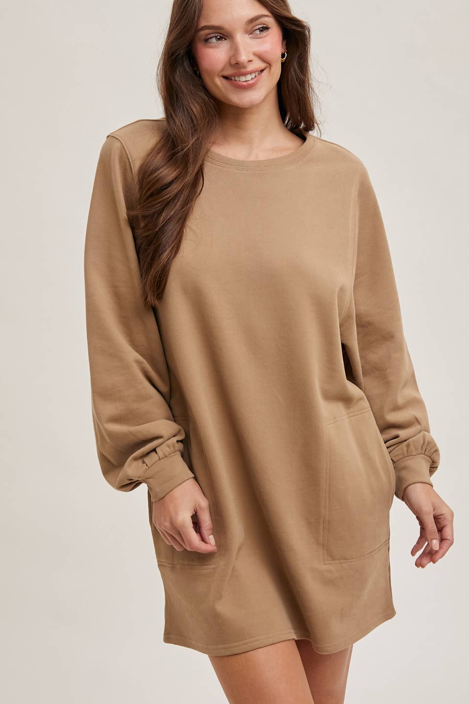 FRENCH TERRY MINI DRESS: LATTE