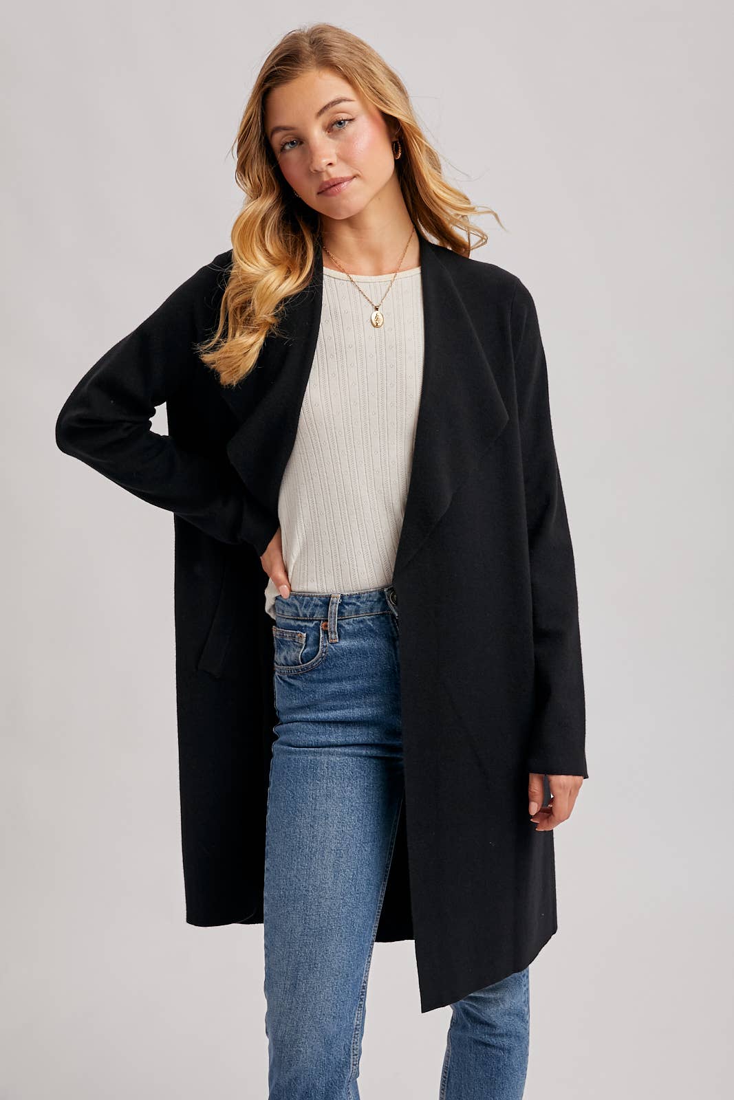 MODERN OPEN FRONT LONGLINE KNIT CARDIGAN: Black