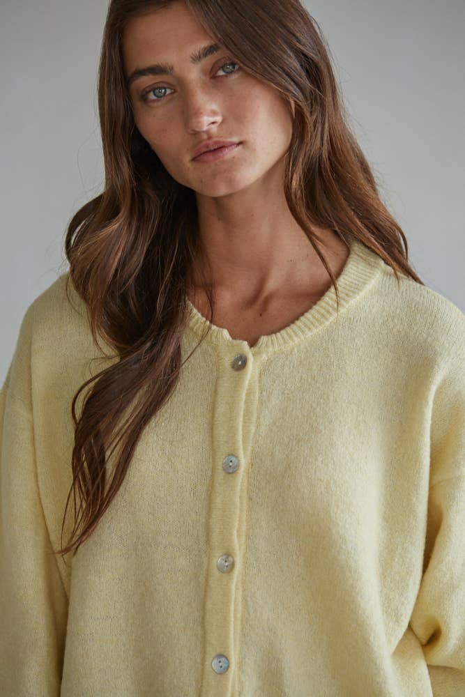 Crew Neck Cardigan : Light Yellow
