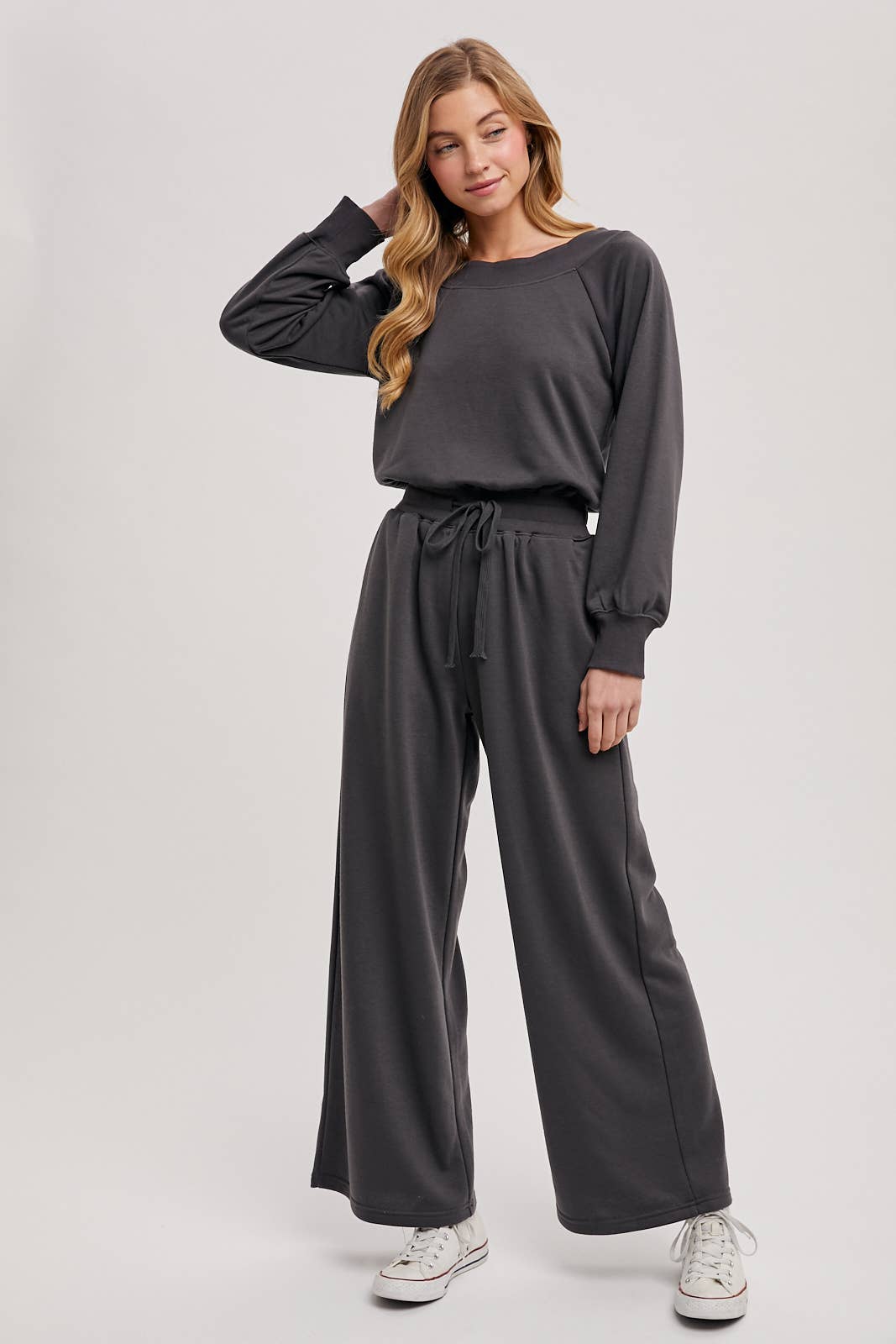 WIDE NECK OFF THE SHOULDER KNIT JUMPSUIT: ASH