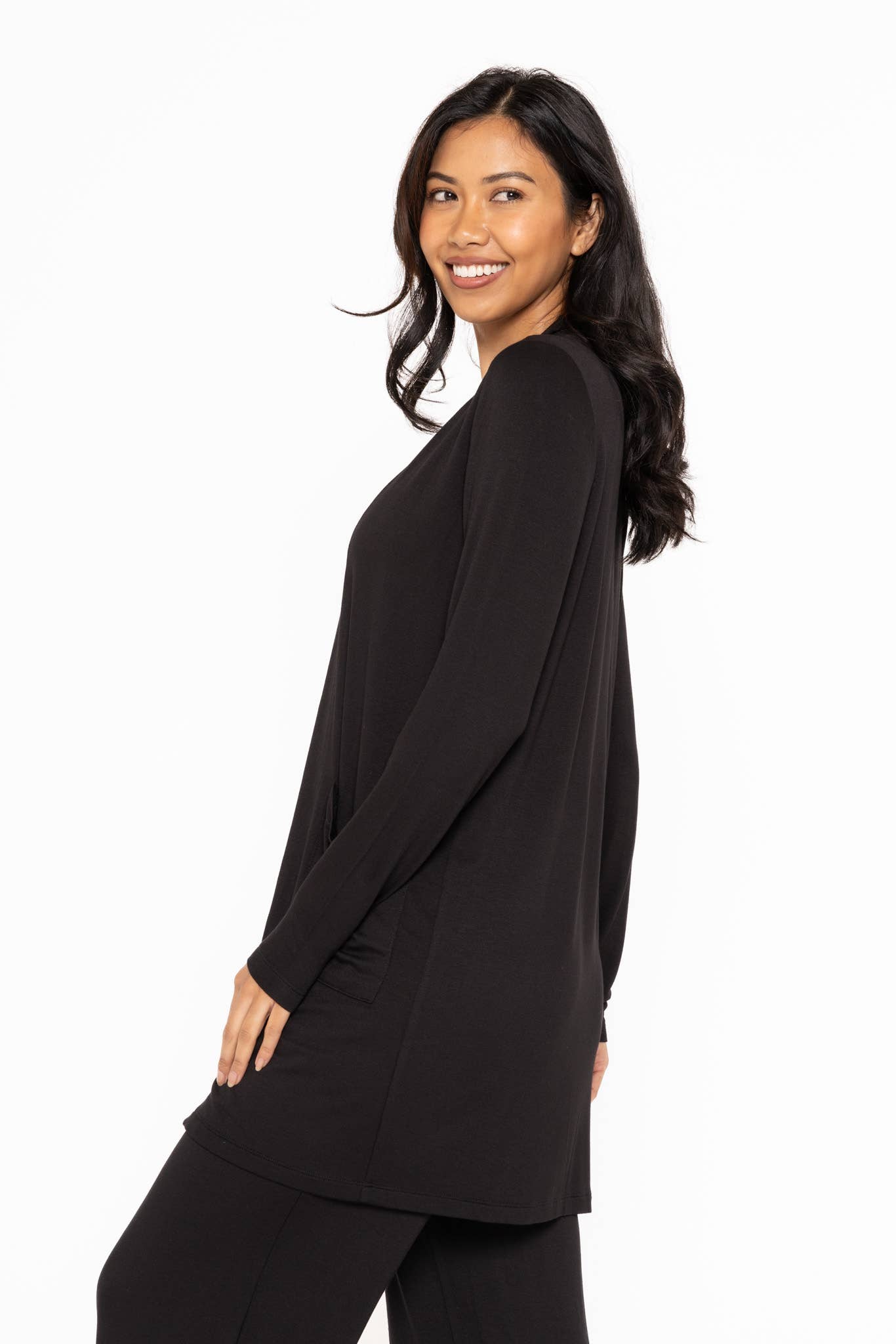 Lounge Open-Front Terry Cardigan: Black