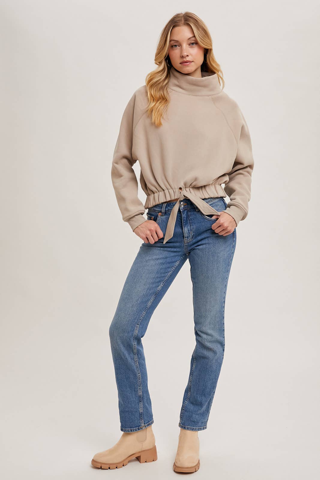 FUNNEL NECK TIE FRONT KNIT SWEATSHIRT: