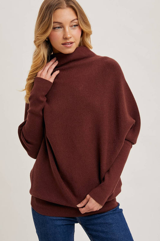 SLOUCH NECK DOLMAN SLEEVED PULLOVER: CHOCOLATE