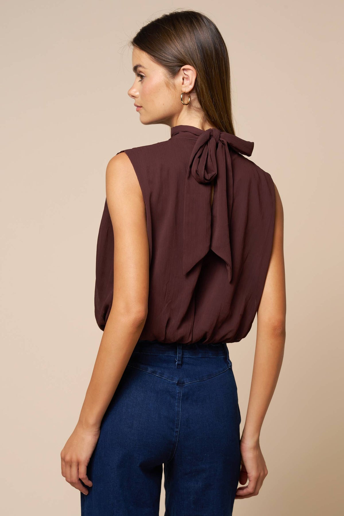 Draped Chiffon Mock Neck Sleeveless Top: DK CHOCOLATE