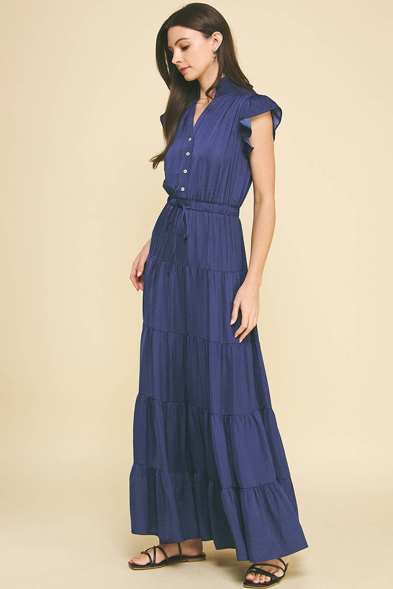 SATIN TIERED MAXI DRESS - NAVY