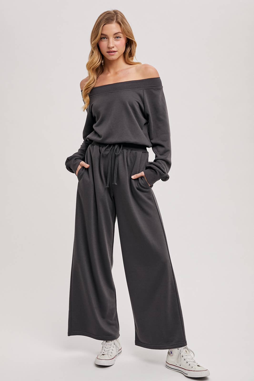 WIDE NECK OFF THE SHOULDER KNIT JUMPSUIT: ASH