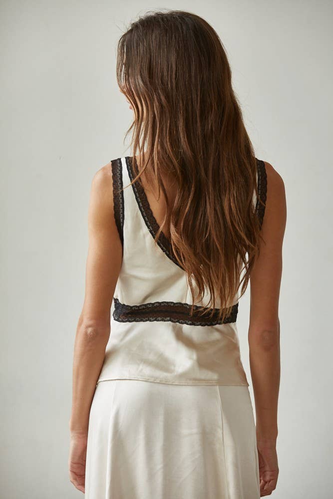 Woven Satin Contrast Lace Trim Detail Sleeveless Top: Pearl
