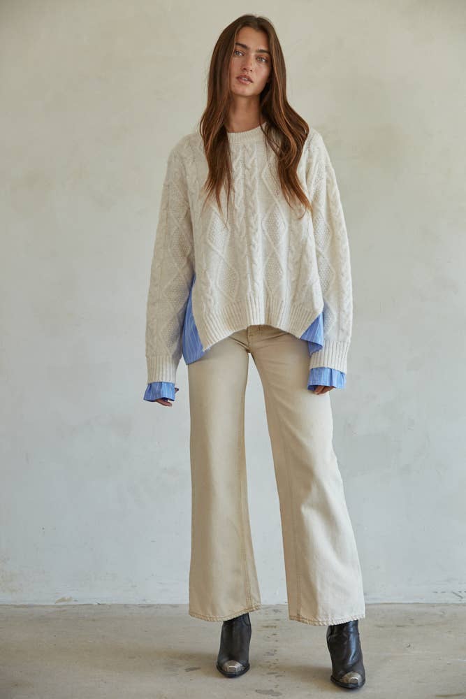 Knit Sweater With Attached Striped Shirt Detail: Cream Blue