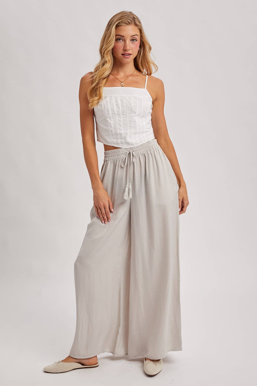 SILKY PALAZZO WIDE LEG PANTS: DOVE