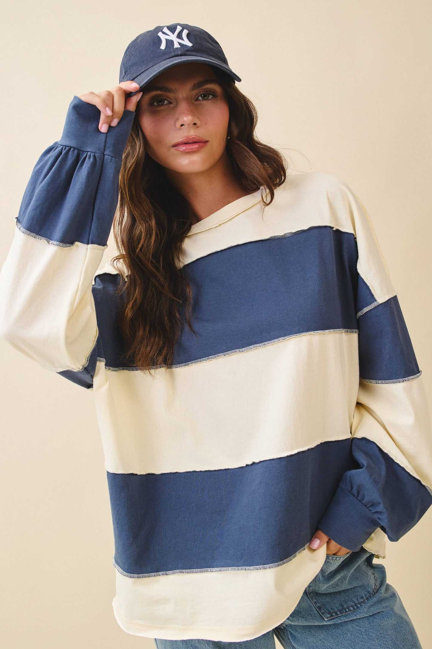 Contrast Panel Long Sleeve Slouchy Top: