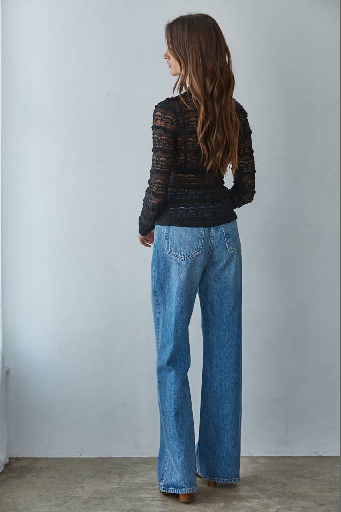 Woven Nylon Cotton Spandex Lace See Through Mock Top: Black