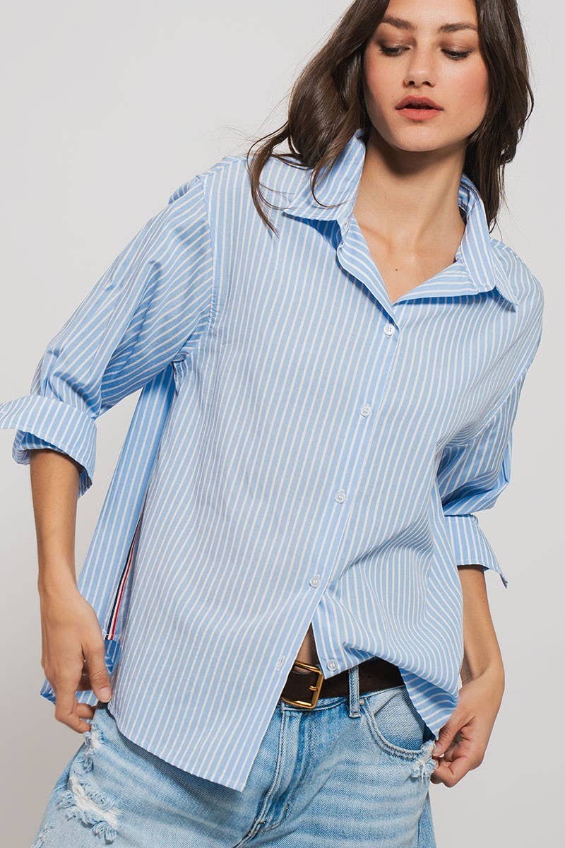Striped Twill Tape Detail Statement Button Shirt: BLUE STRIPE / S-2/M-2/L-2