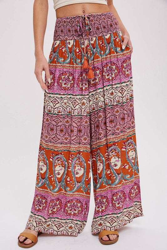 BOHO SMOCKING WAIST WIDE LEG PANTS: PINK/CLAY