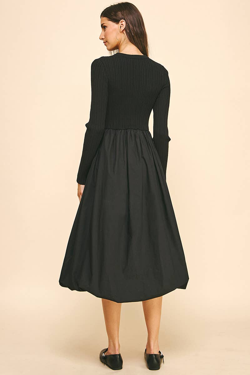 CONTRAST BALLOON MIDI DRESS Black
