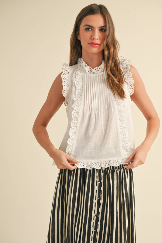 EYELET RUFFLE TRIM BLOUSE: White