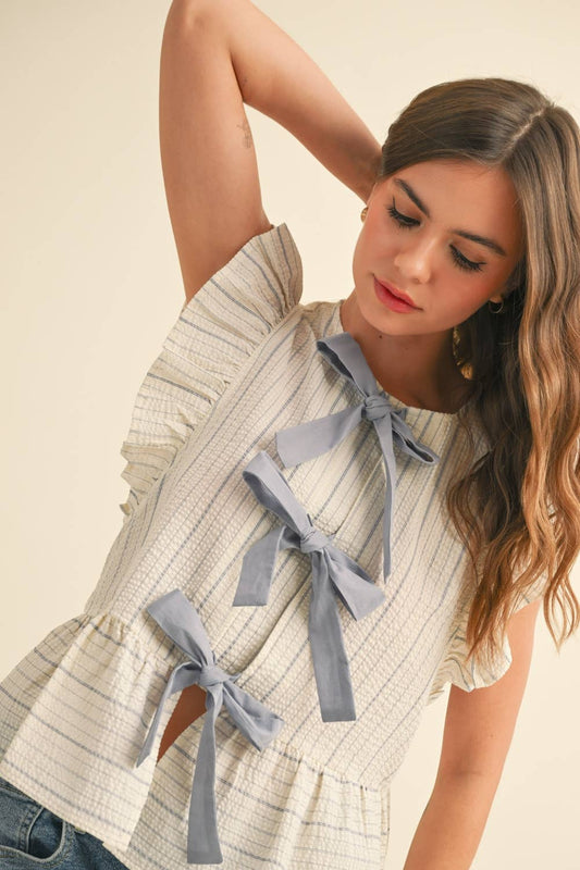 STRIPED WITH TIE FRONT RUFFLE SLEEVELESS BLOUSE: BLUE