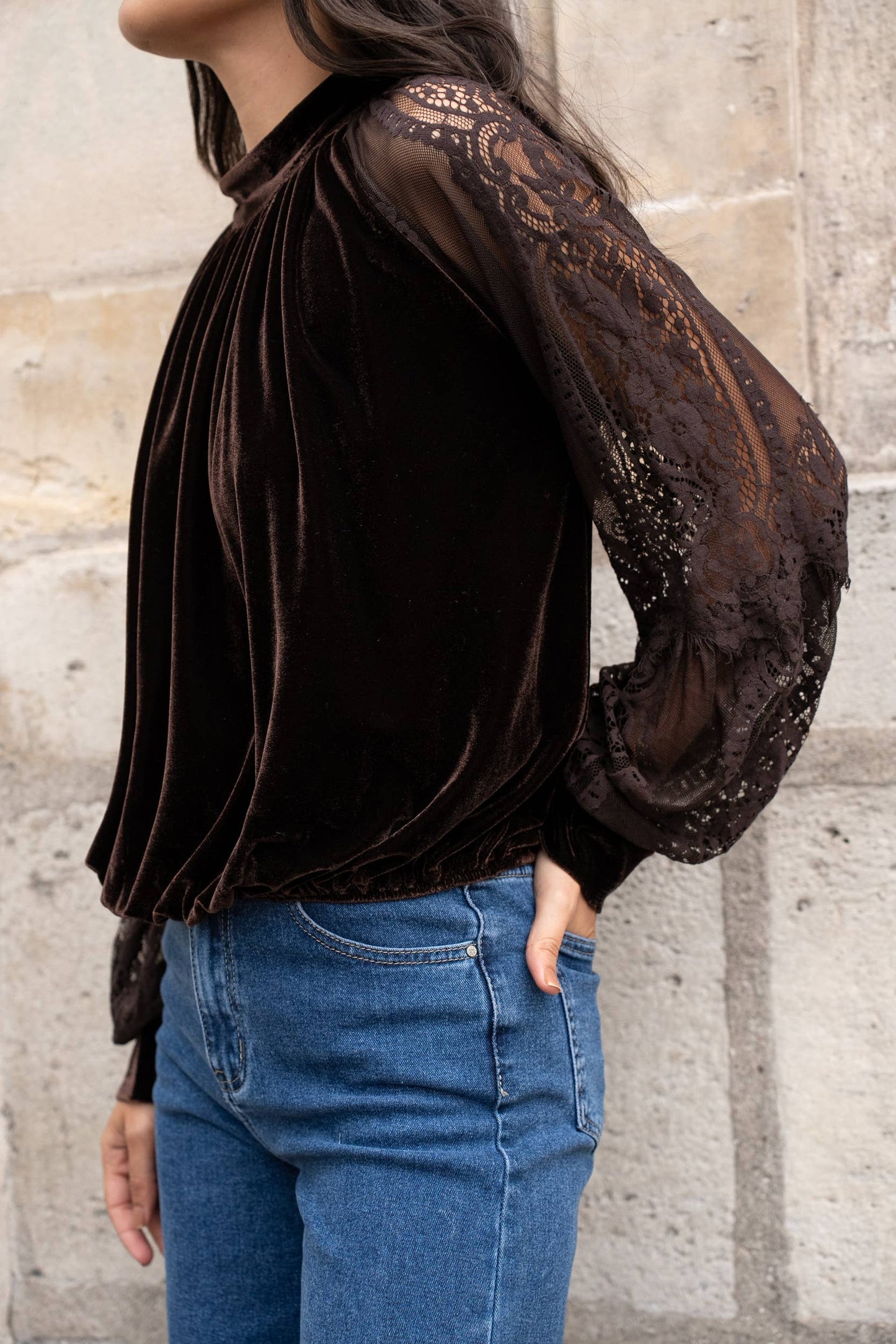 Two-material velvet blouse with lace sleeves