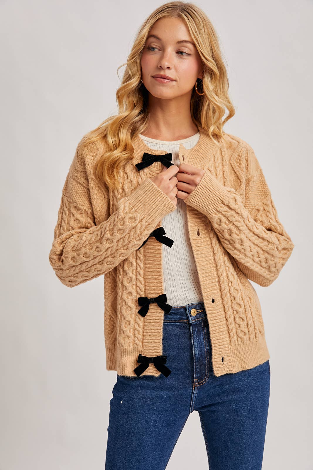 VELVET BOW BUTTON DOWN CABLE KNIT SWEATER CARDIGA