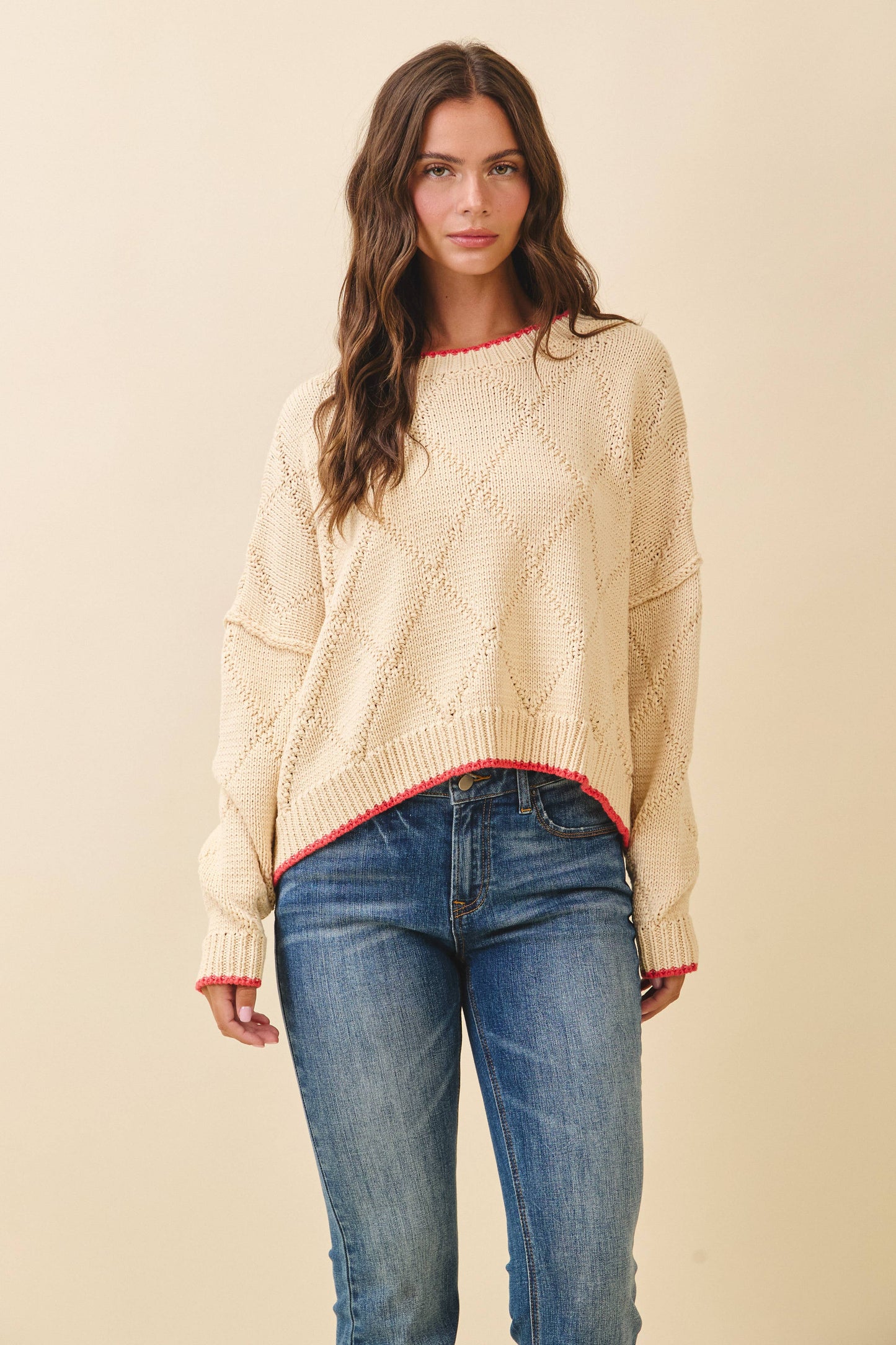 Diamond Knit Pullover Sweater: Oat
