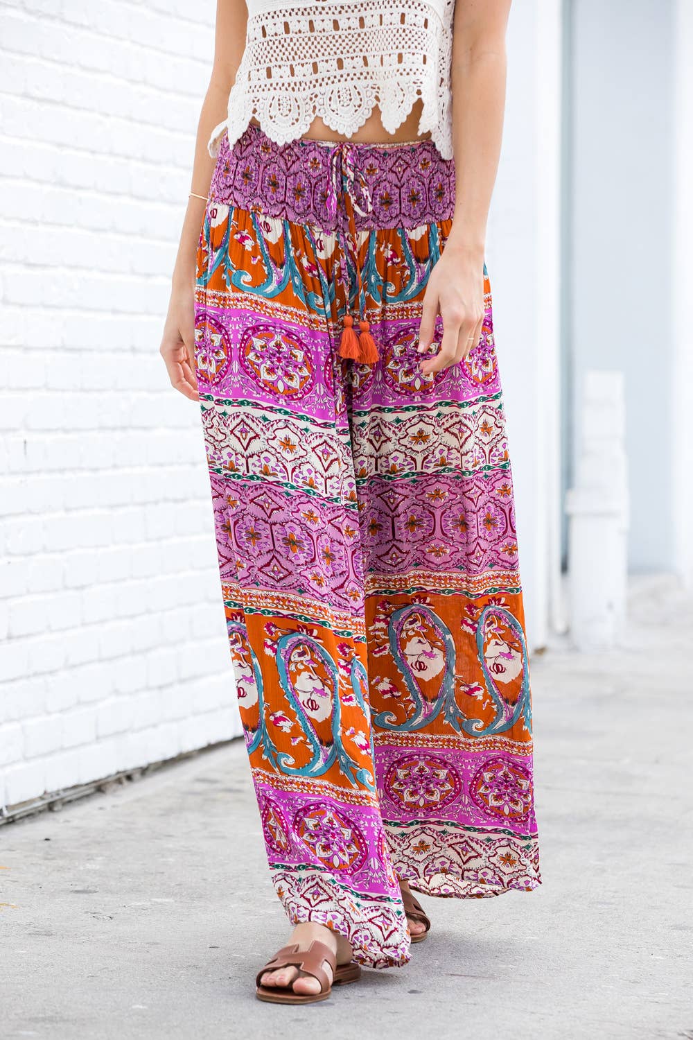 BOHO SMOCKING WAIST WIDE LEG PANTS: PINK/CLAY