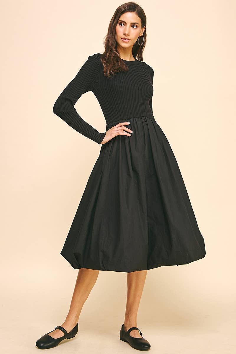 CONTRAST BALLOON MIDI DRESS Black