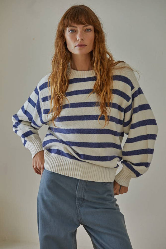 Knit Oversized Striped Sweater Top: Ivory Blue