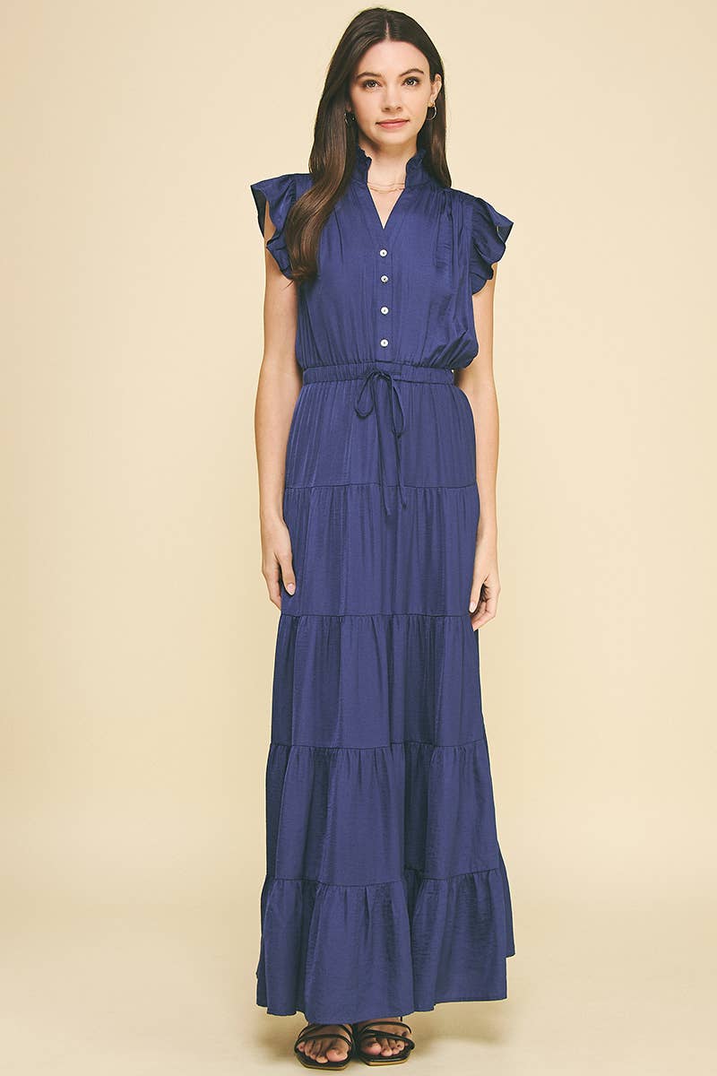 SATIN TIERED MAXI DRESS - NAVY
