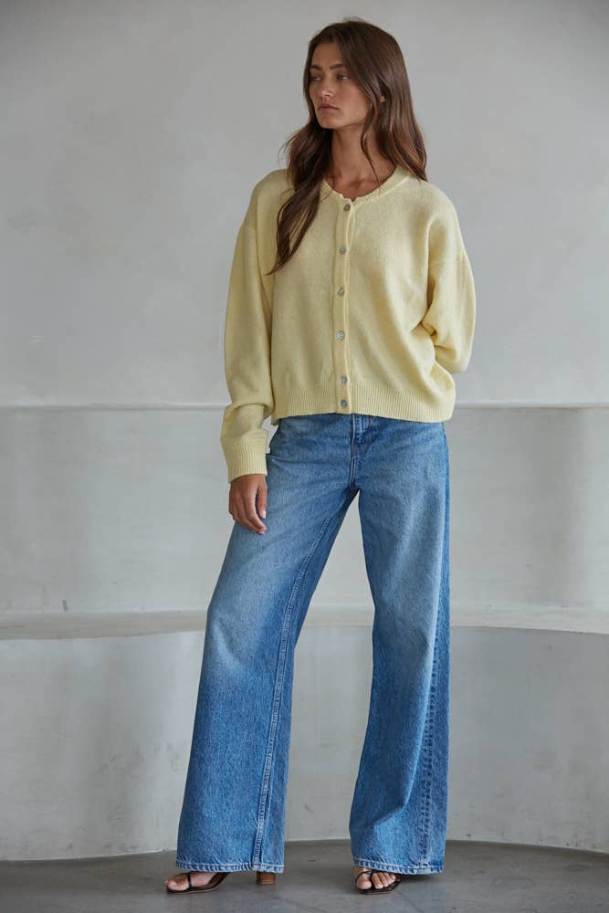 Crew Neck Cardigan : Light Yellow