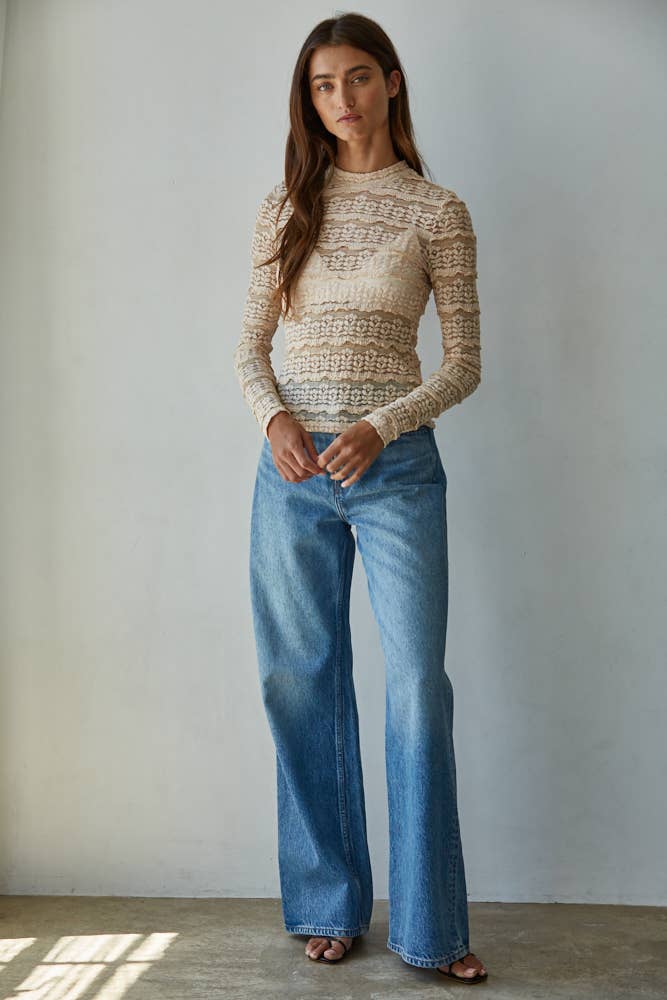 Woven Nylon Cotton Spandex Lace See Through Mock Top: Black