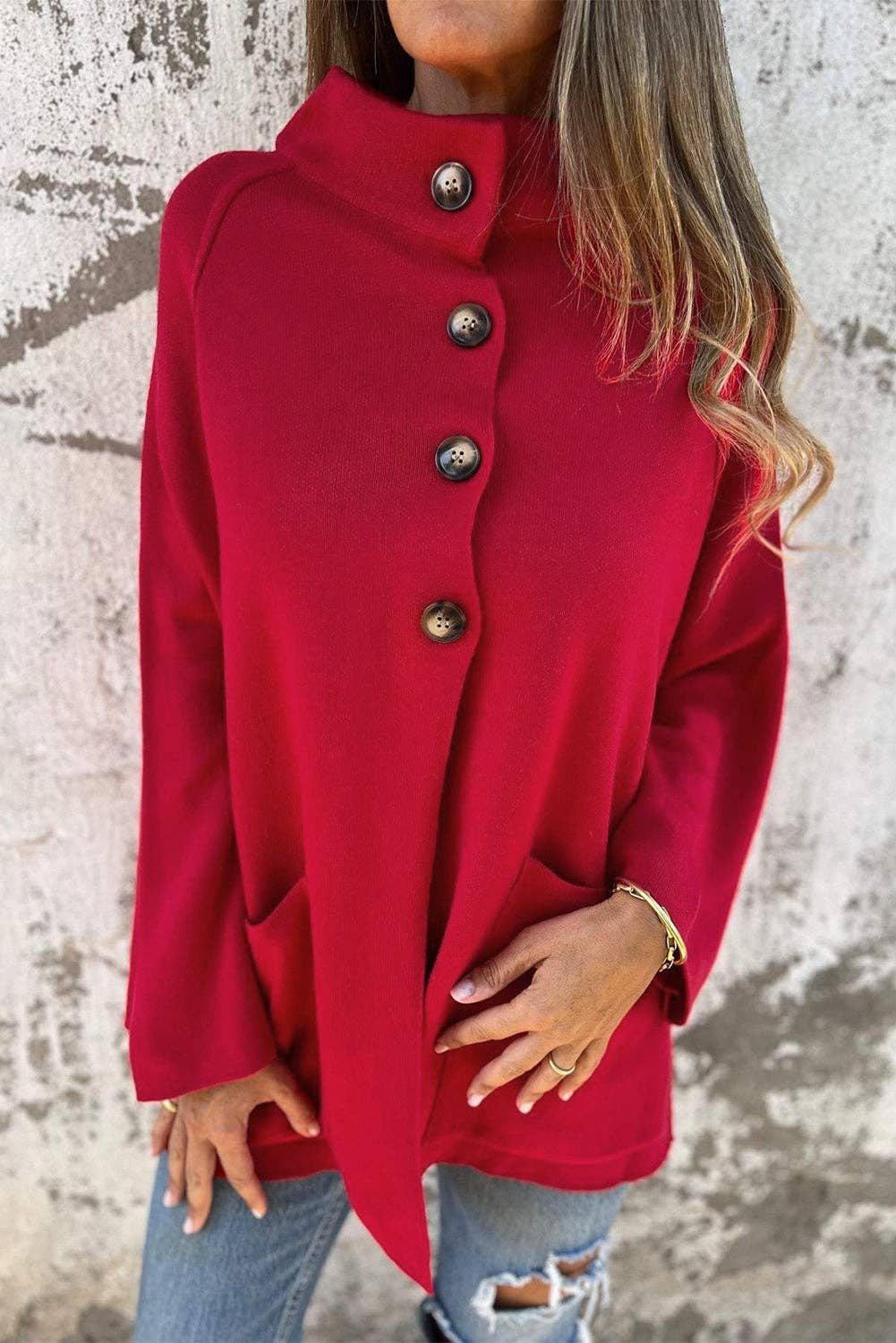 Fiery Red Collared Button Front Wrapped Cardigan Jacket:
