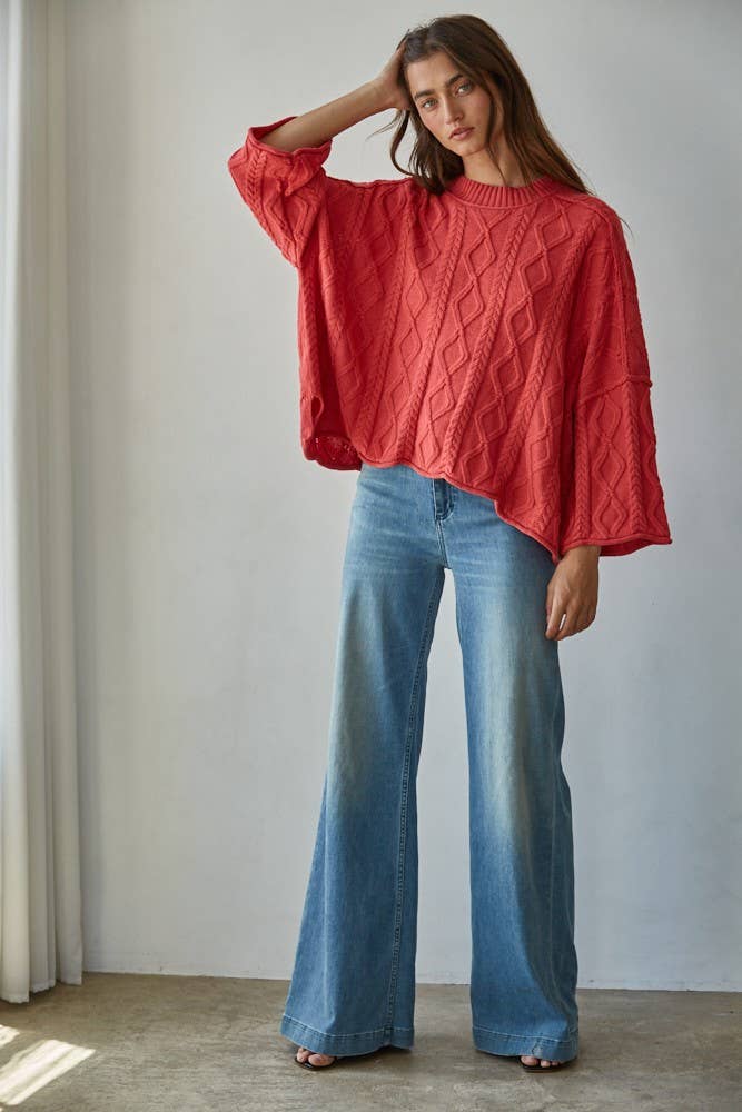 Knit Cable Sweater Cotton 3/4 Sleeve Pullover