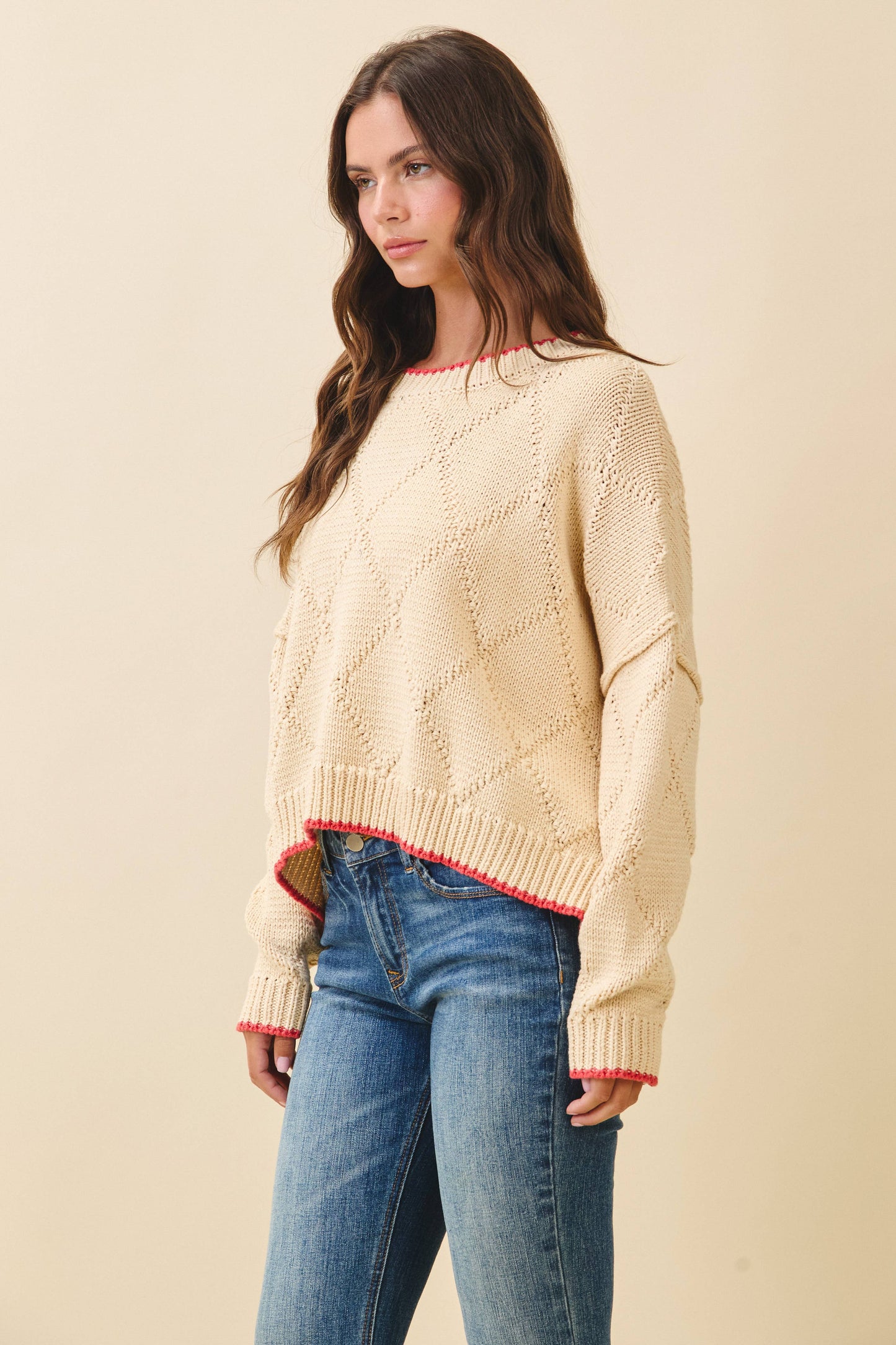 Diamond Knit Pullover Sweater: Oat