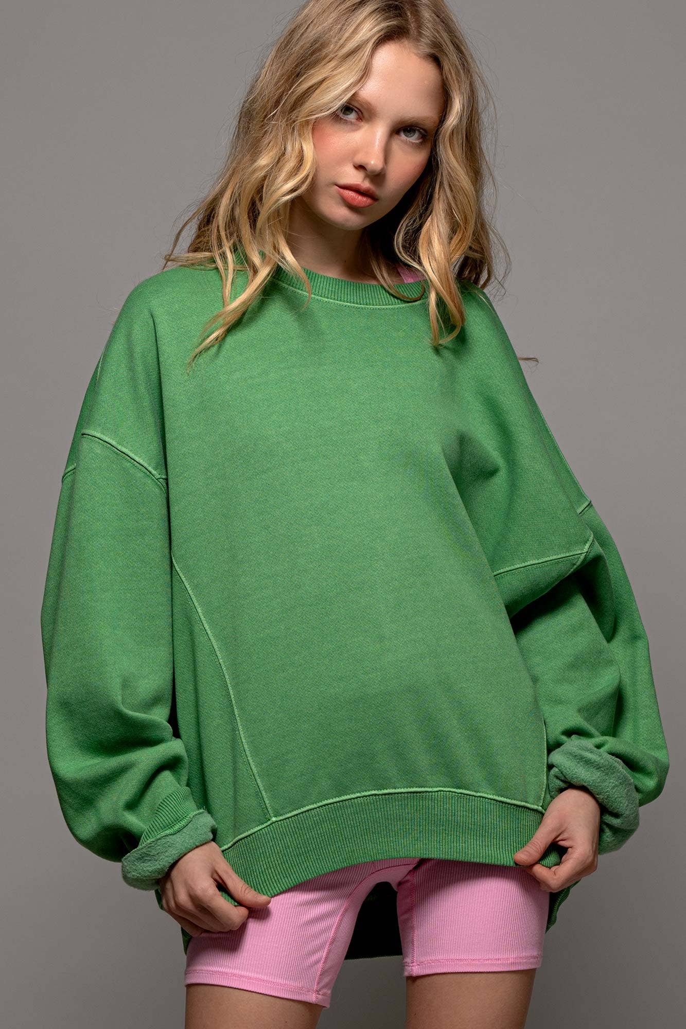 Crew Neck Comfort Washed Organic Cotton Spring Sweatshirt.: GREEN