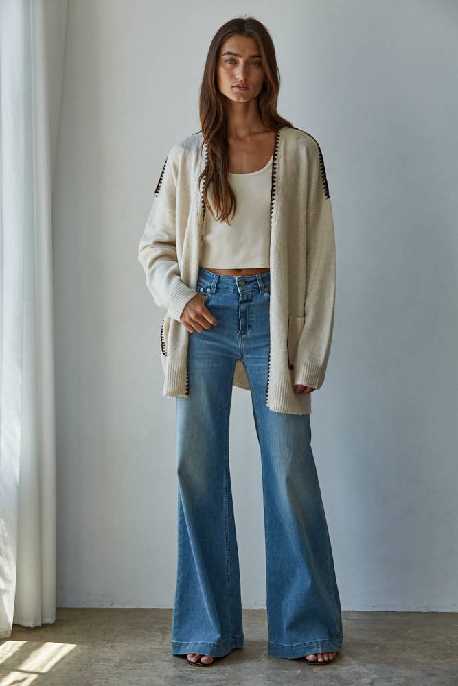 Knit Sweater Contrast Stitch Open Cardigan: Light Beige