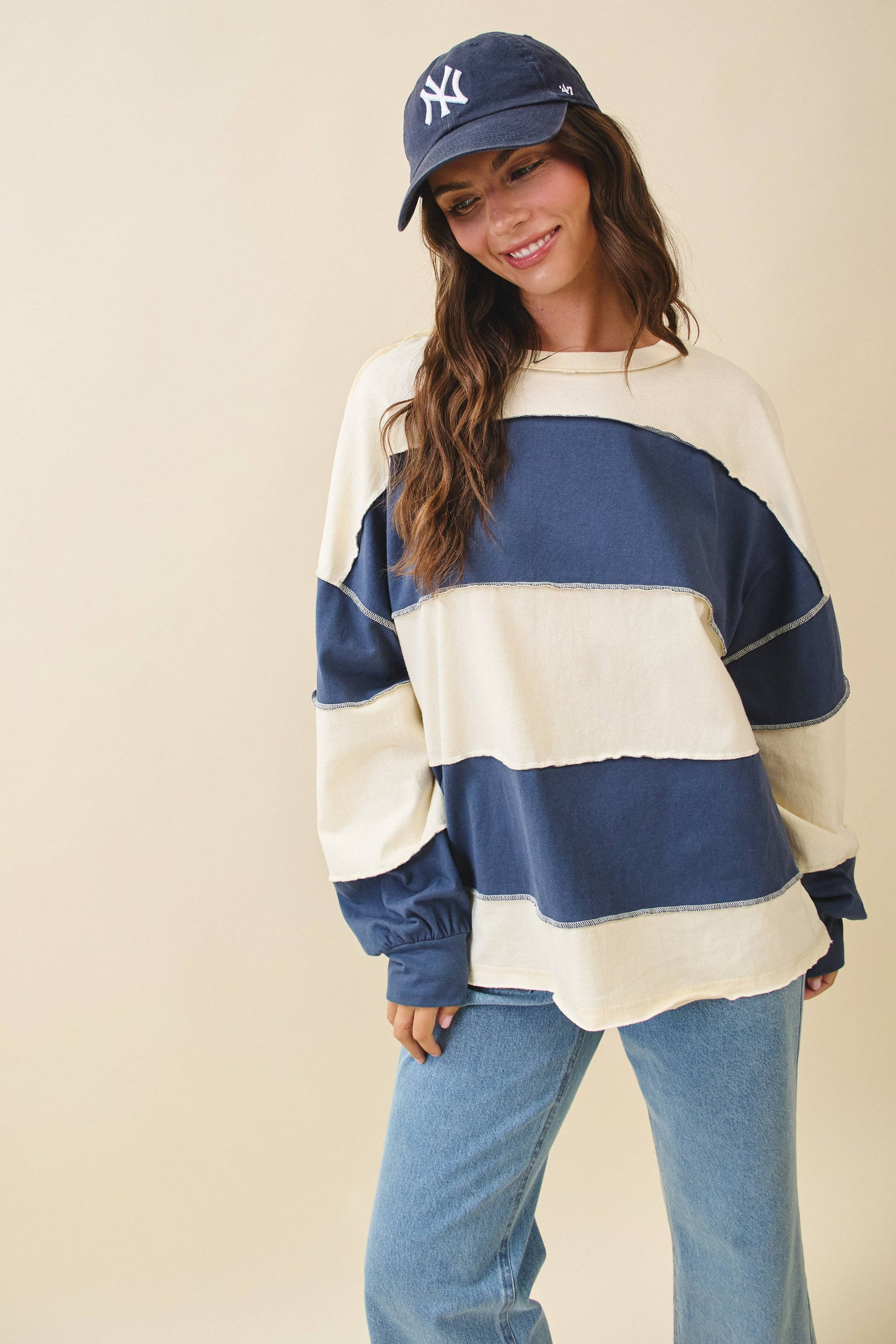 Contrast Panel Long Sleeve Slouchy Top: