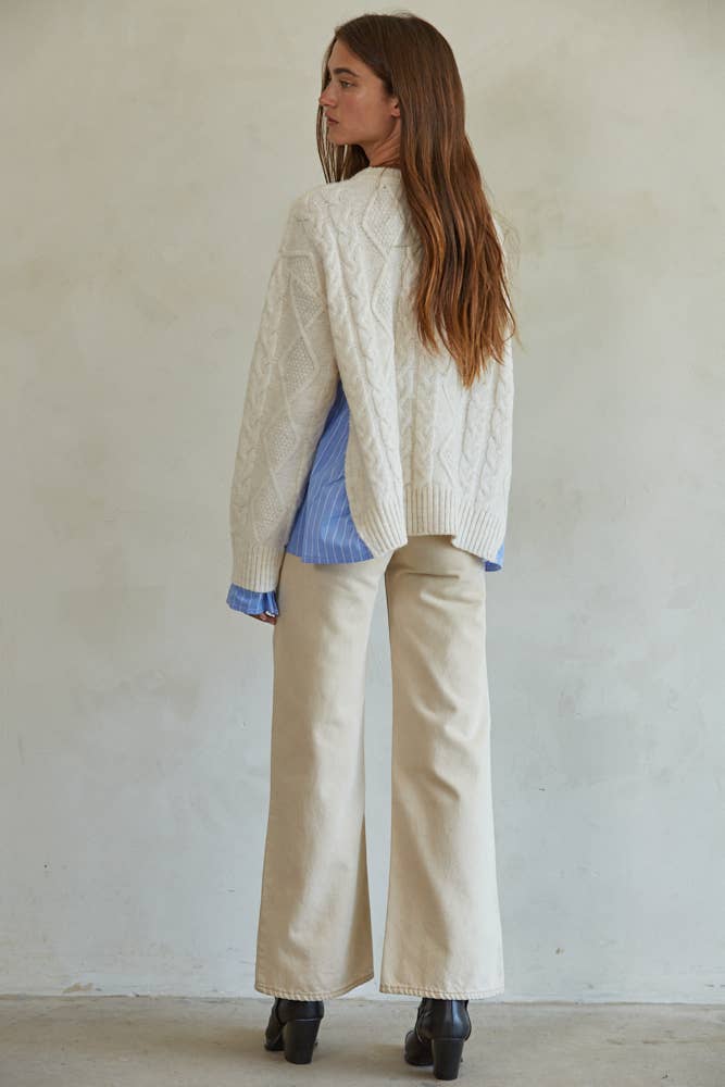 Knit Sweater With Attached Striped Shirt Detail: Cream Blue
