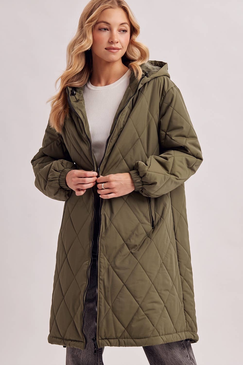 LONGLINE QUILTED PUFFER JACKET: ARMY GREEN / M/L