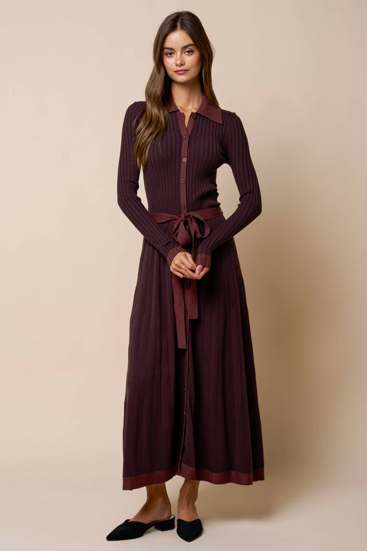 Collared Belted Ribbed Knit Midi Dress: DK CHOCO-BROWN