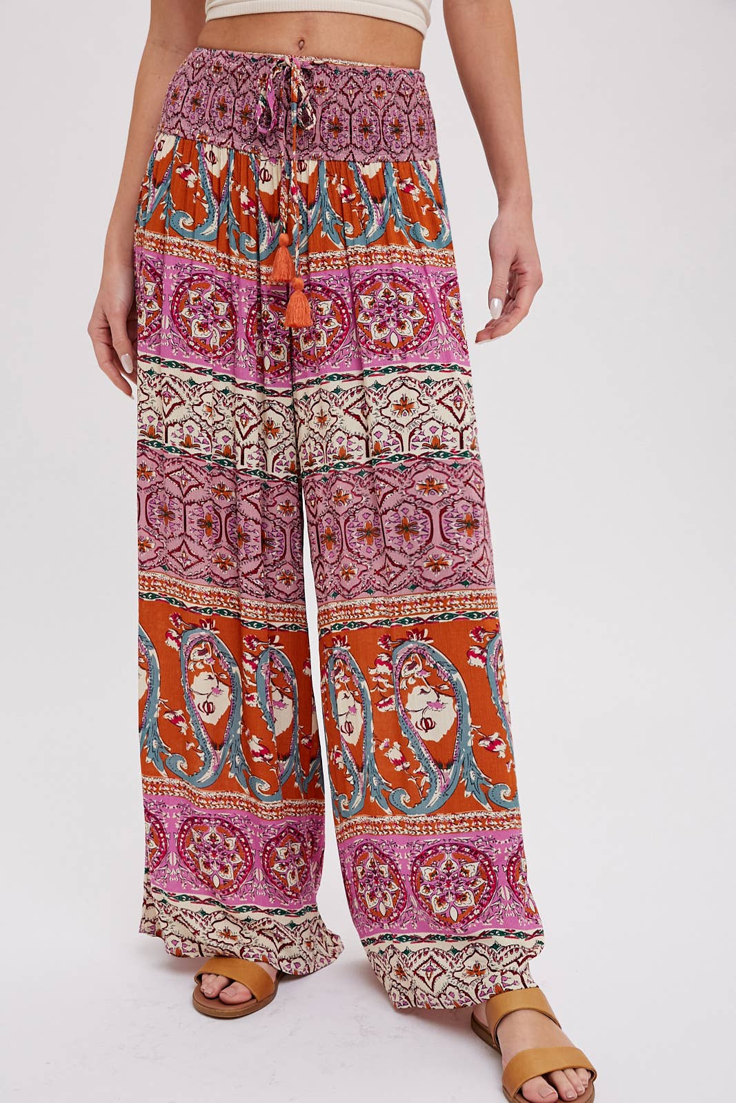 BOHO SMOCKING WAIST WIDE LEG PANTS: PINK/CLAY