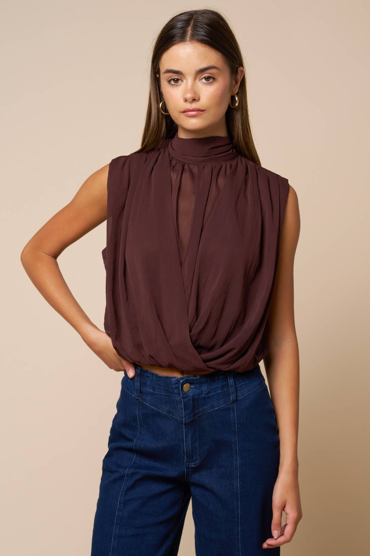Draped Chiffon Mock Neck Sleeveless Top: DK CHOCOLATE