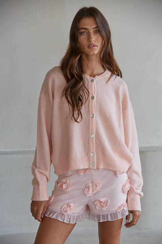 Crew Neck Cardigan : Light Pink