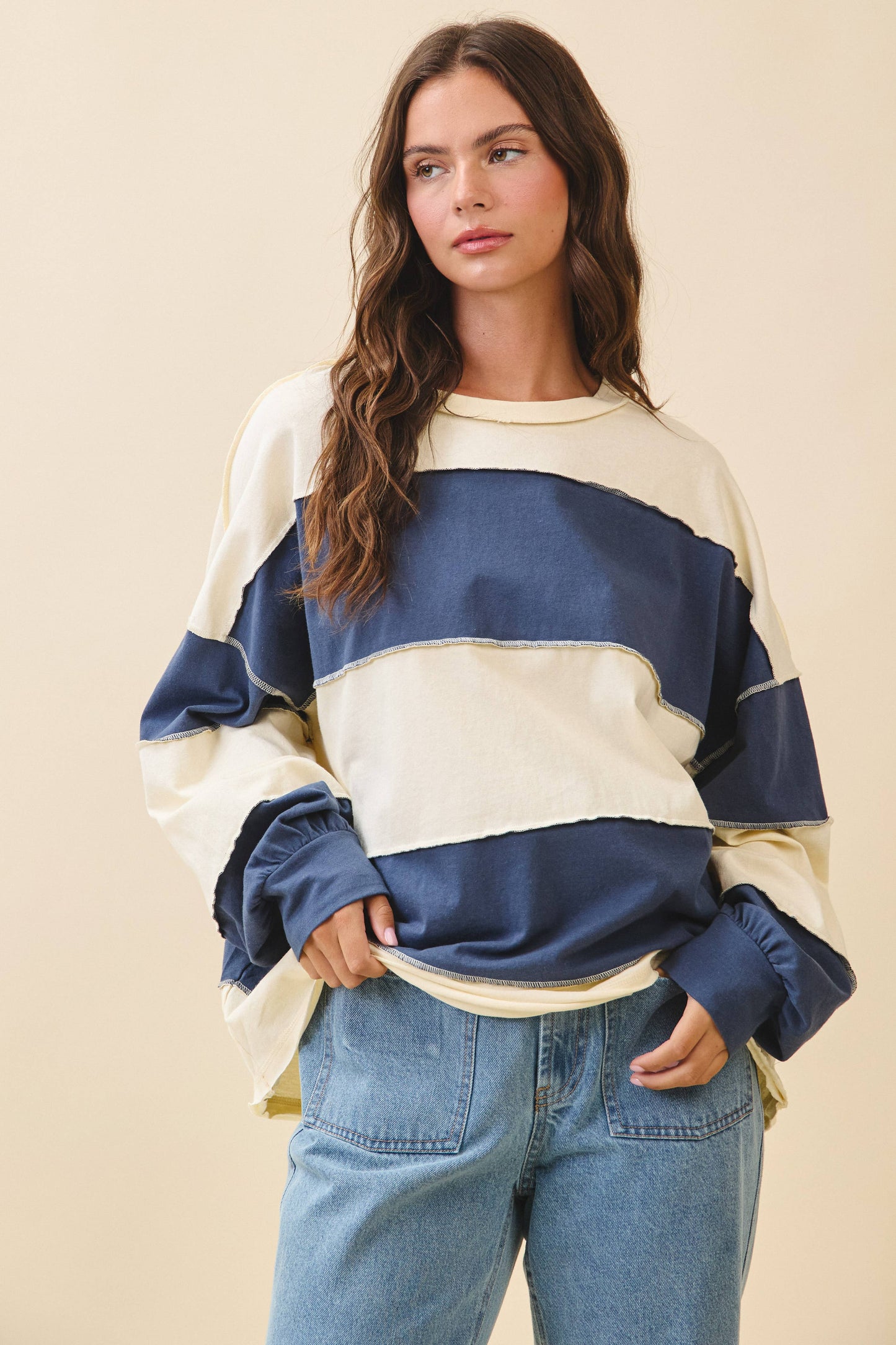 Contrast Panel Long Sleeve Slouchy Top: