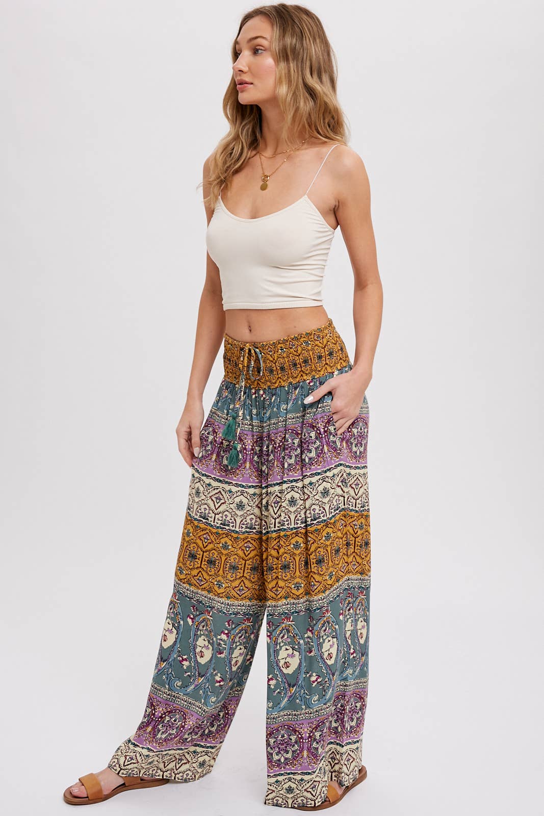 BOHO SMOCKING WAIST WIDE LEG PANTS: PINK/CLAY
